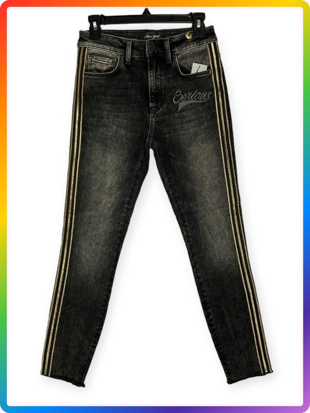 Mavi Gold Tess Skinny Crop Jeans SIZE 27 Black Gold Stripe High Rise Stretch